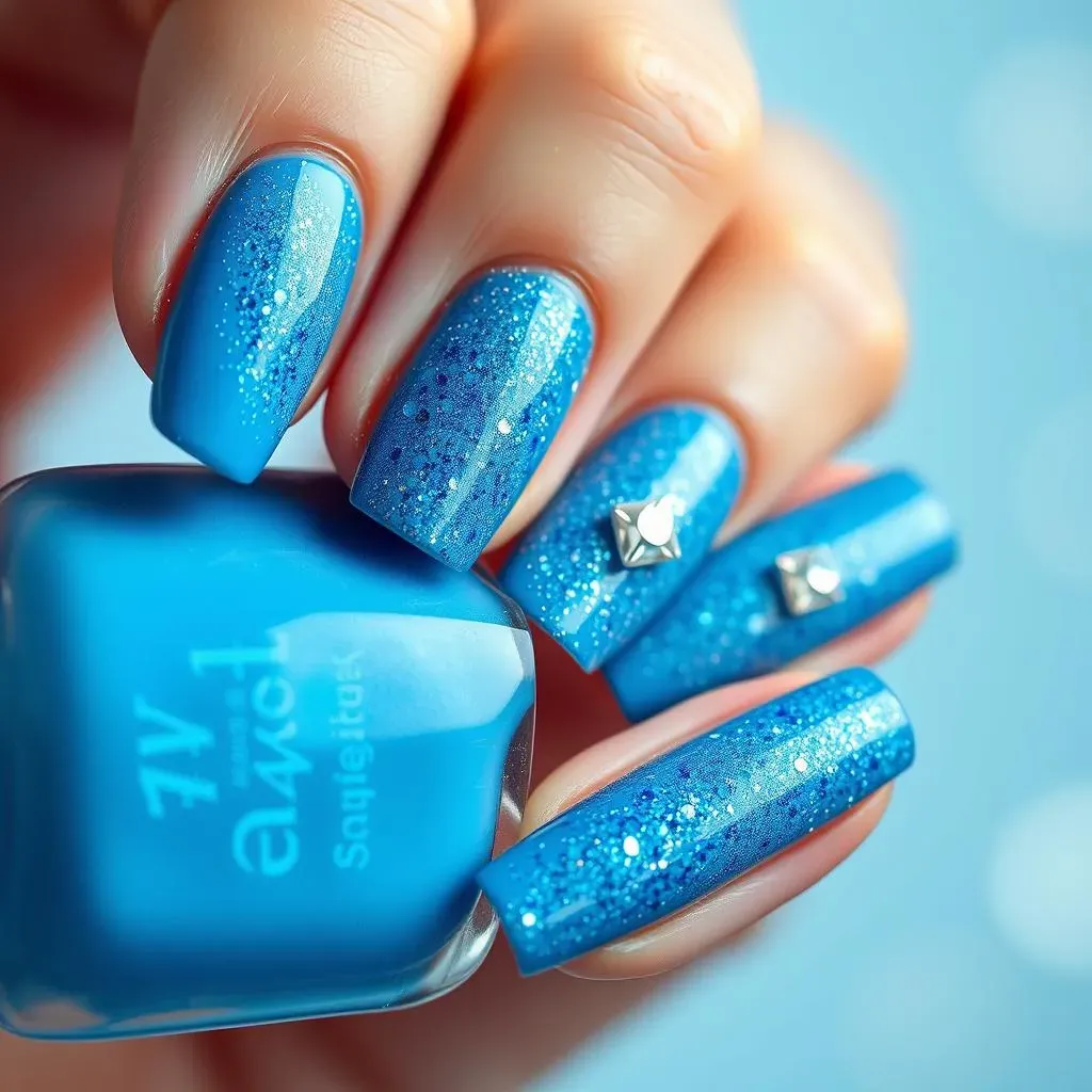 Adding Sparkle: Blue Nails with Glitter and Rhinestones