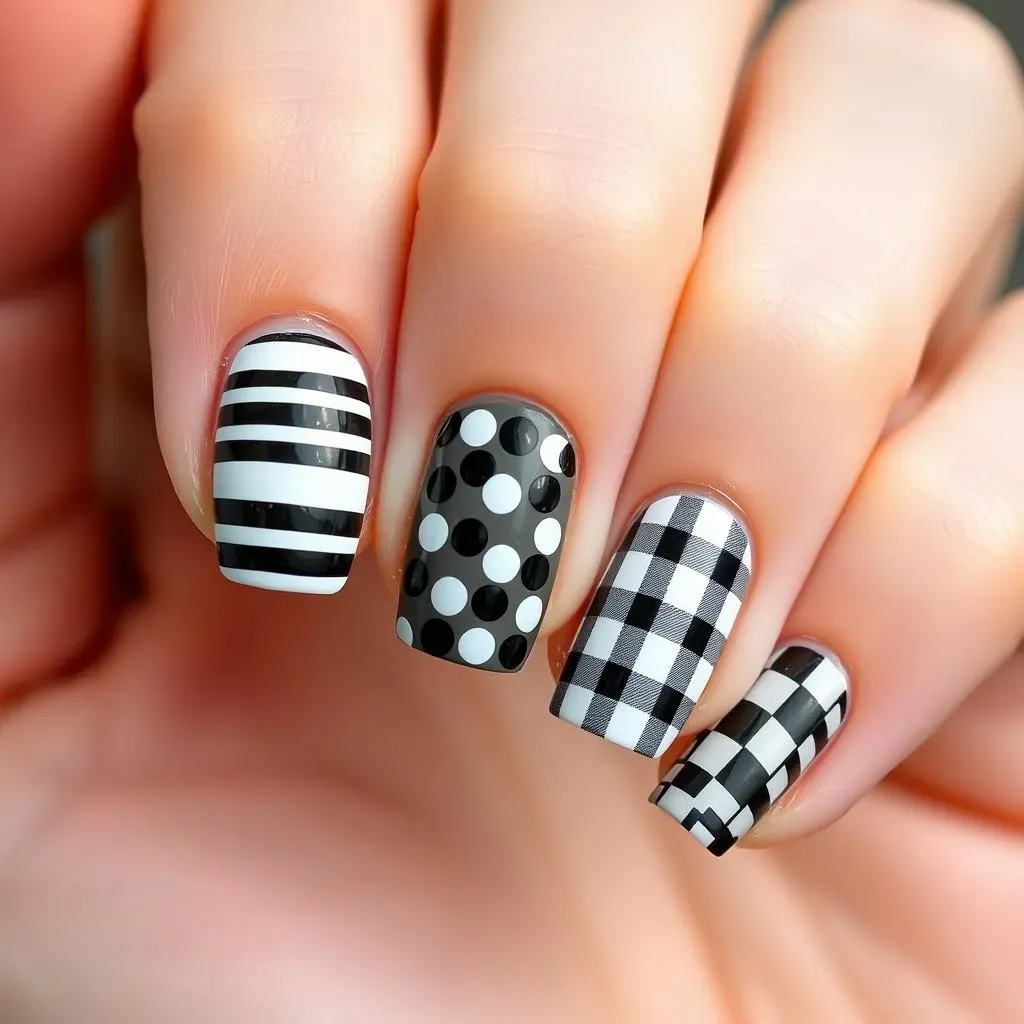 Classic Black and White Nail Art: Simple Stripes, Dots, and Checks