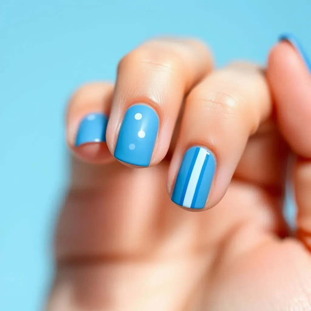 Easy Blue Nail Art with Dots and Stripes